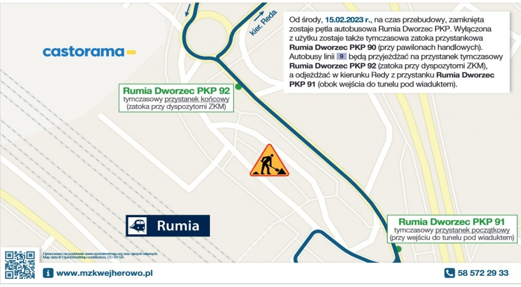 Zmiana przystanków linii 9 koło dworca PKP w Rumi