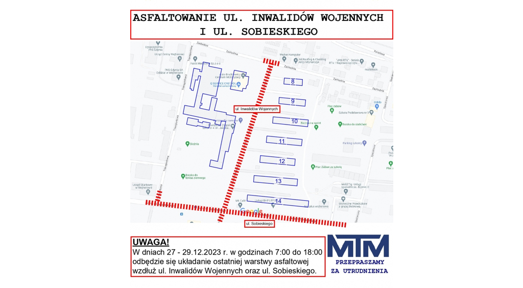 UWAGA! Asfaltowanie ul. Sobieskiego i Inwalidów Wojennych