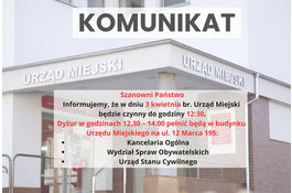 Godziny pracy Urzędu Miejskiego dn. 3 kwietnia 2026 roku